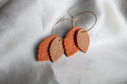 Polymer Clay Double Leaf Hoop Earrings - Orange and Brown