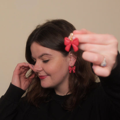Red Shimmery Bow Dangle Earrings