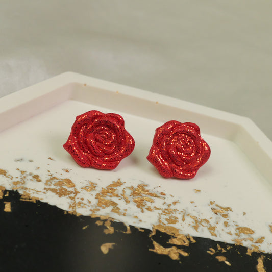 Red Glitter Rose Studs
