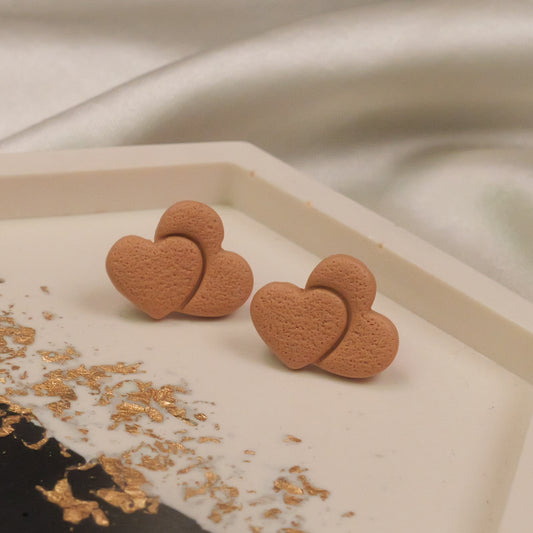 Textured Double Heart Studs - Soft Wheat