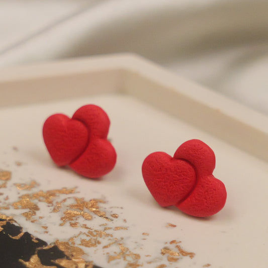 Textured Double Heart Studs - Red