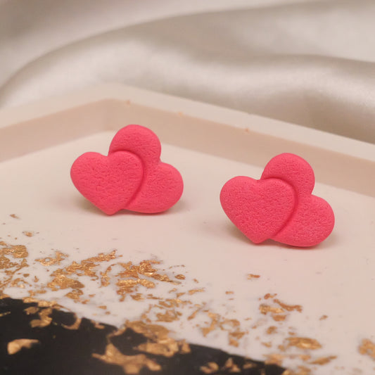 Textured Double Heart Studs - Pink